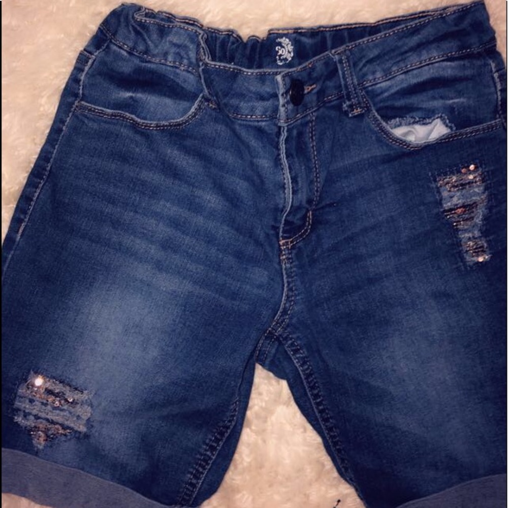 Blue sequin patched denim shorts